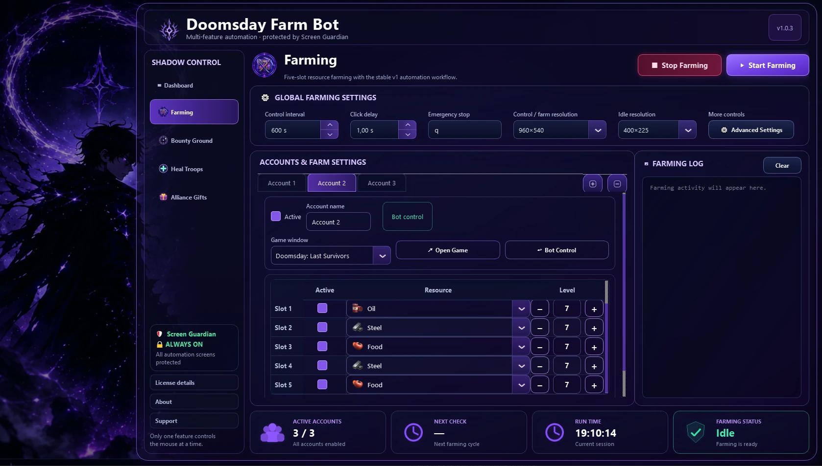 Doomsday Farming Bot interface in Doomsday Farm Bot