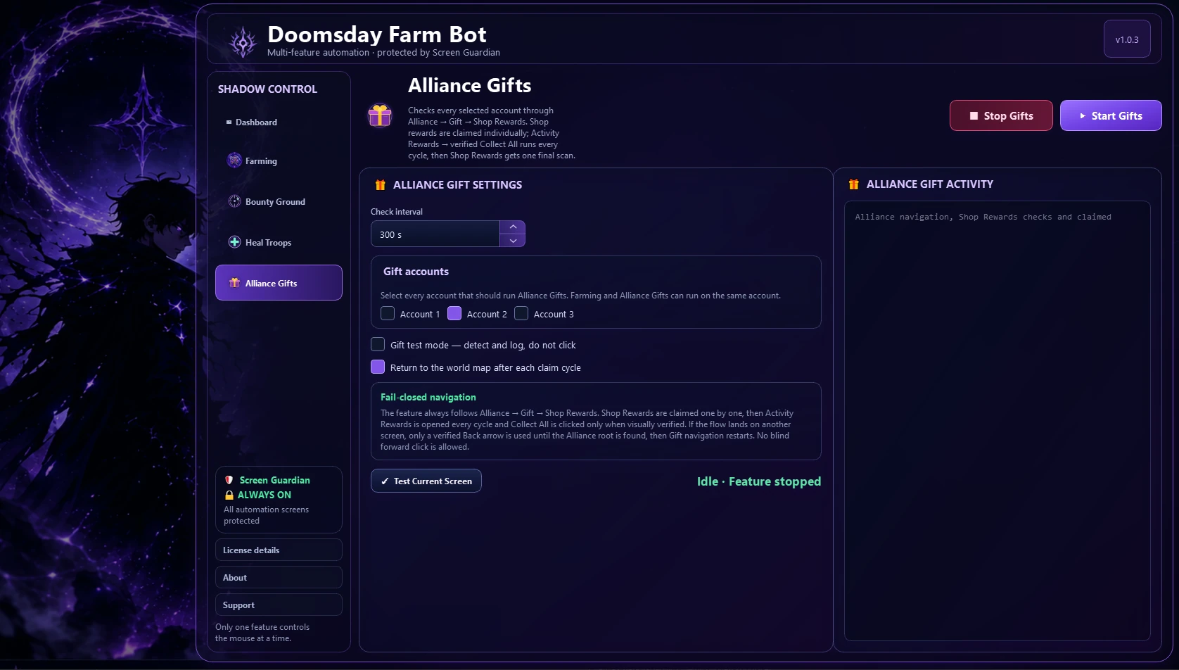Alliance Gifts Automation interface in Doomsday Farm Bot