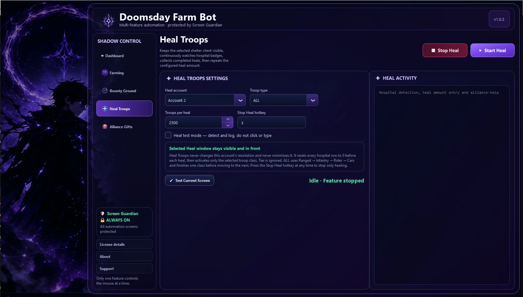 Heal Troops Automation interface in Doomsday Farm Bot